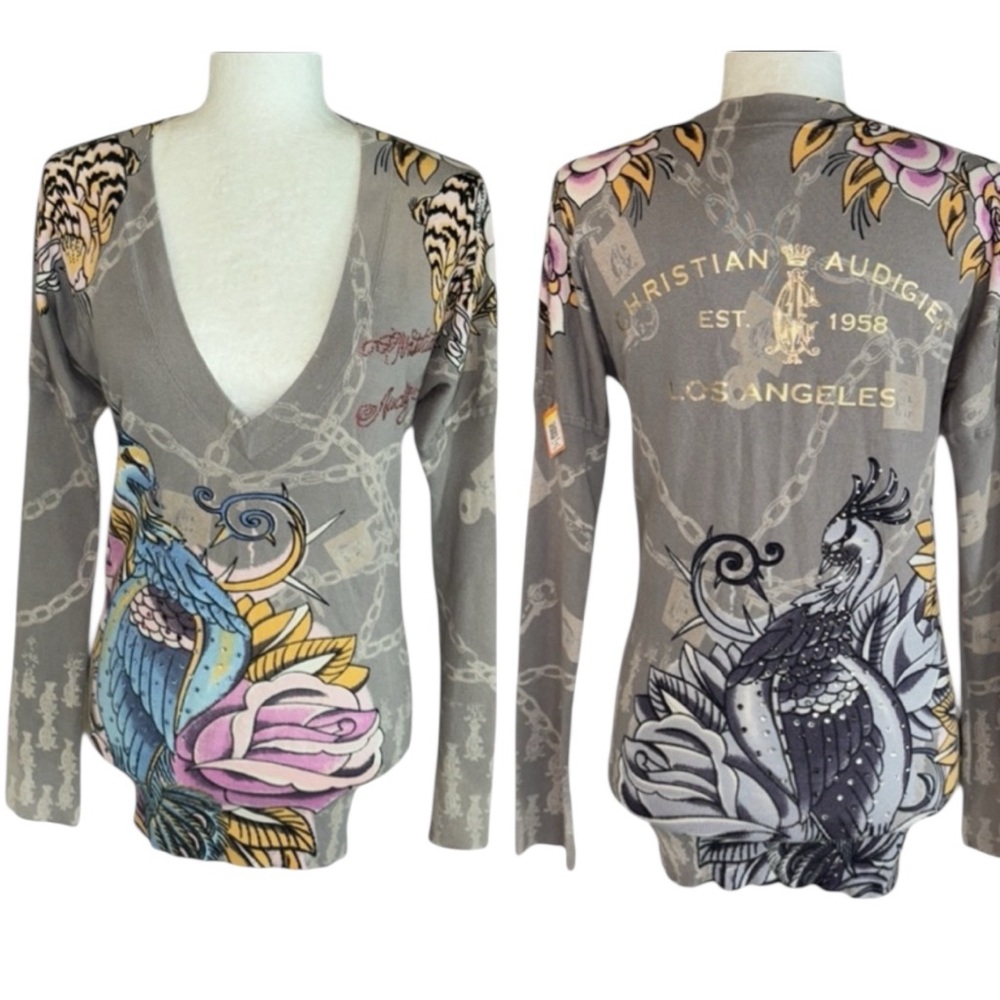 Christian Audigier Ed Hardy Y2K Peacock Tiger Rhinestone V-Neck Knit Sweater - L